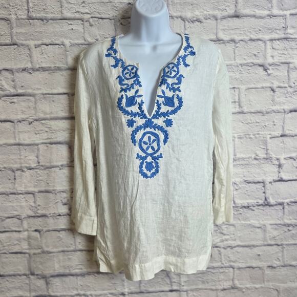 Lilly Pulitzer Small 100% Linen White Tunic Blue Embroidery V Neck 3/4 Sleeve - Picture 2 of 12